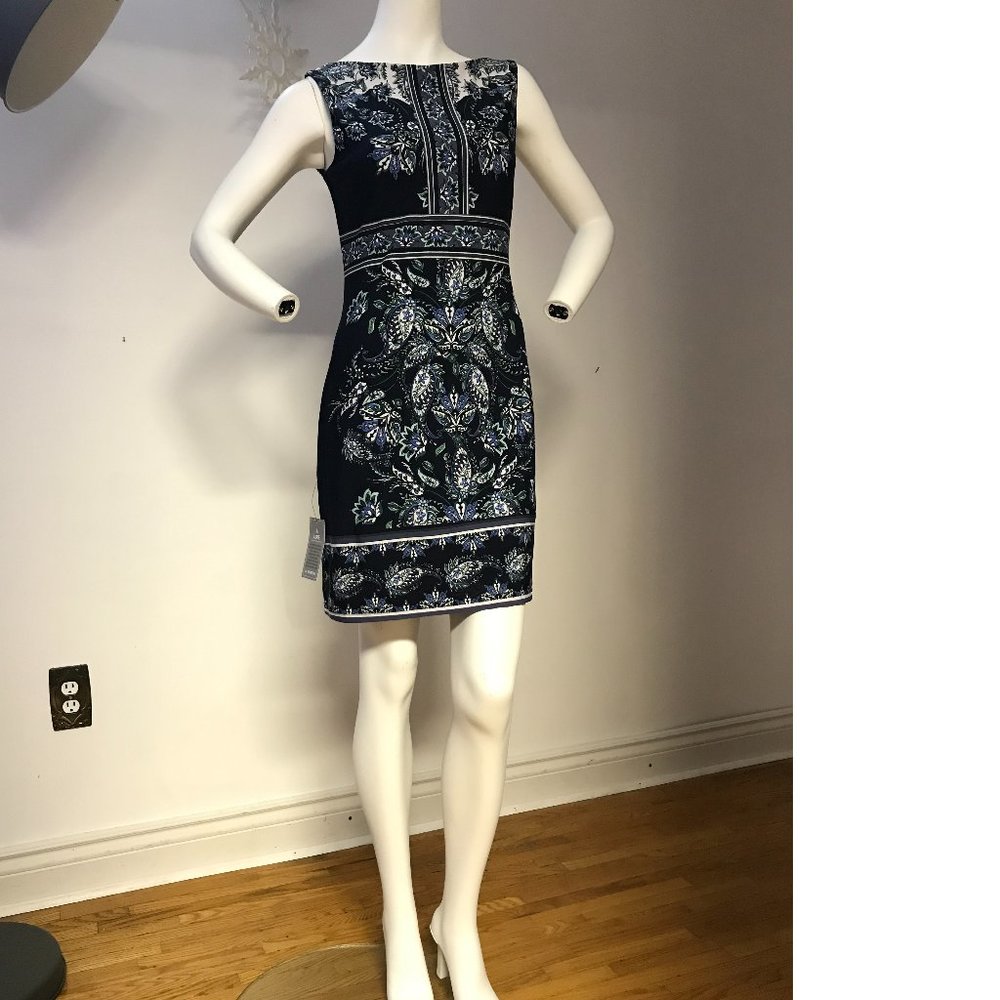 Le Chateau blue paisley floral ethnic Ukrainian Polish Slavic bodycon dress NWT